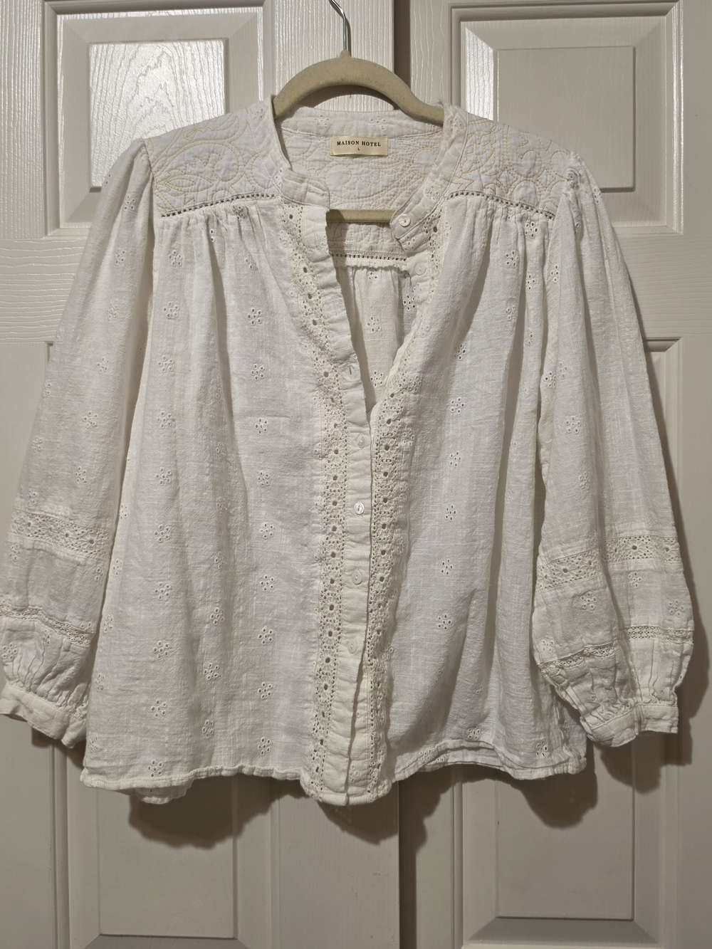 Maison Hotel Organic Cotton Balloon Sleeve Blouse Eyelet Quilted Cottagecore